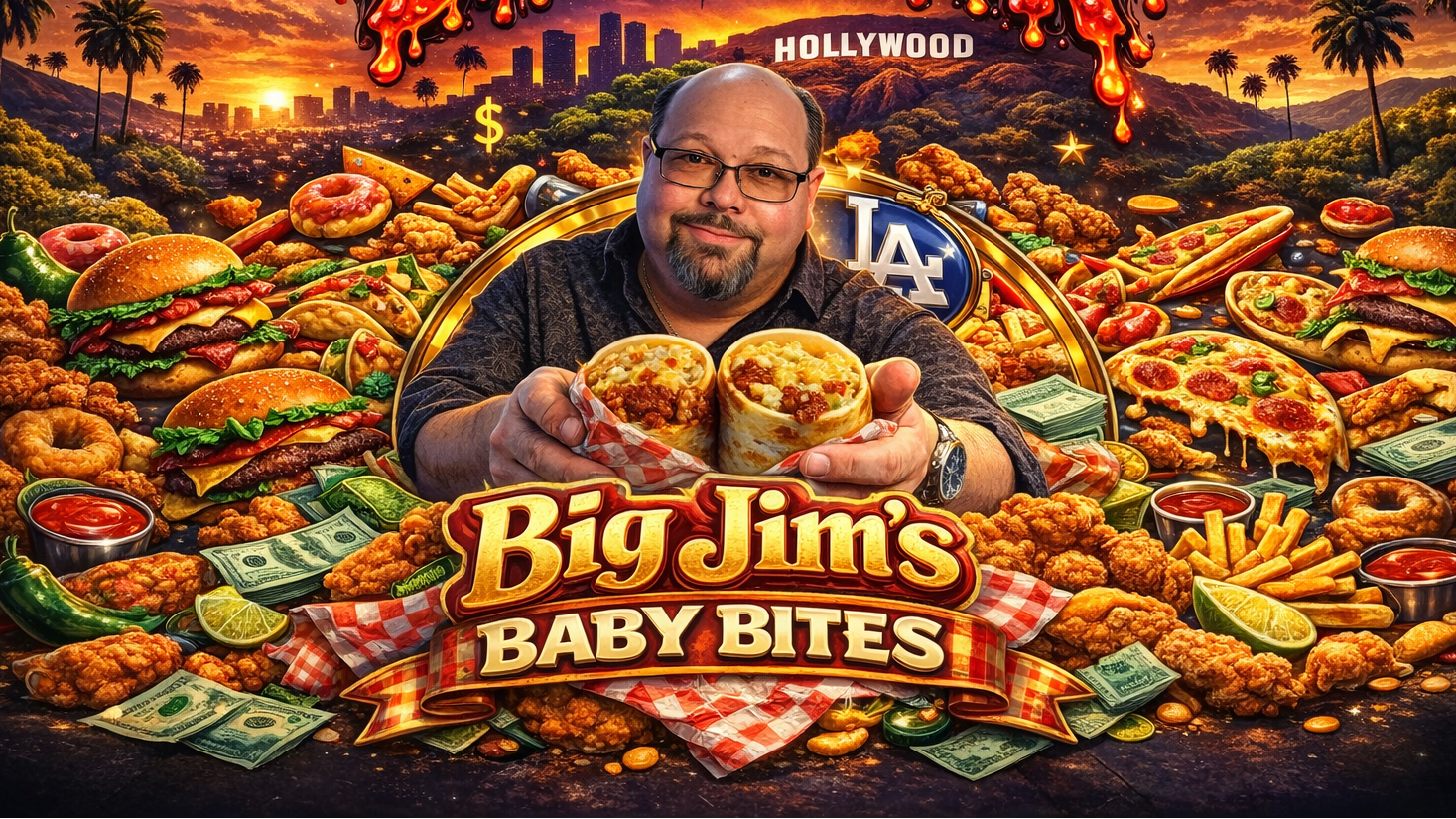 Promotional image for 'Dripulation Hollywood' featuring a man holding food with a cityscape background.